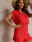 new collection Salopetă Scurtă Roșie cu Decolteu Petrecut din Viscoză Ariamia