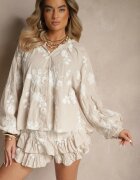 new collection Set din Bumbac Bej Fustă-Pantaloni scurți și Cămașă cu Mâneci Largi Savalene