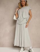 new collection Set Gri din Viscoză Fustă și Bluză Decorată cu Legătură în Talie Davisavina
