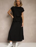 new collection Set Negru cu Vâscoză Fustă și Bluză Decorată cu Legătură în Talie Davisavina