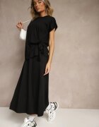 new collection Set Negru cu Vâscoză Fustă și Bluză Decorată cu Legătură în Talie Davisavina