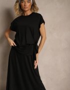 new collection Set Negru cu Vâscoză Fustă și Bluză Decorată cu Legătură în Talie Davisavina