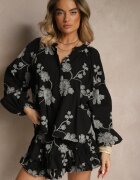 new collection Set Negru din Bumbac Fustă-Pantaloni scurți și Cămașă cu Mâneci Largi Savalene