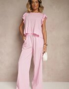 new collection Set Roz din Vâscoză Pantaloni Largi și Bluză cu Peplum Evellimi