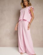 new collection Set Roz din Vâscoză Pantaloni Largi și Bluză cu Peplum Evellimi