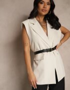 new collection Vestă Bej deschis Oversize stil costum cu nasture și curea cu cataramă Galazia