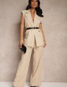 new collection Vestă Bej Oversize stil costum cu nasture și curea cu cataramă Galazia