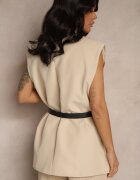 new collection Vestă Bej Oversize stil costum cu nasture și curea cu cataramă Galazia