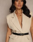 new collection Vestă Bej Oversize stil costum cu nasture și curea cu cataramă Galazia