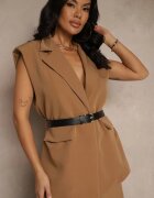 new collection Vestă Maro Deschis Oversize în Stil de Costum cu Nasture și Curea cu Cataramă Galazia
