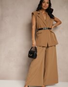 new collection Vestă Maro Deschis Oversize în Stil de Costum cu Nasture și Curea cu Cataramă Galazia