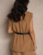 new collection Vestă Maro Deschis Oversize în Stil de Costum cu Nasture și Curea cu Cataramă Galazia