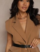 new collection Vestă Maro Deschis Oversize în Stil de Costum cu Nasture și Curea cu Cataramă Galazia