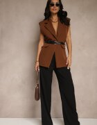 new collection Vestă Maro Oversize în Stil Costum cu Nasture și Curea cu Cataramă Galazia