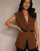 new collection Vestă Maro Oversize în Stil Costum cu Nasture și Curea cu Cataramă Galazia