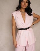 new collection Vestă Roz Oversize stil costum cu nasture și curea cu cataramă Galazia