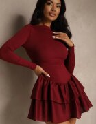 new fashion Rochie bordeaux cu mâneci lungi cu croială evazată și cu volan Reline