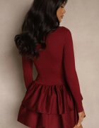 new fashion Rochie bordeaux cu mâneci lungi cu croială evazată și cu volan Reline
