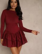 new fashion Rochie bordeaux cu mâneci lungi cu croială evazată și cu volan Reline