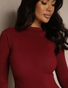 new fashion Rochie bordeaux cu mâneci lungi cu croială evazată și cu volan Reline