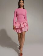 new fashion Rochie Roz Longsleeve cu croi evazat cu volan Reline