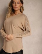 newstar Pulover Bej închis cu Vâscoză cu Zirconii și Dantelă pe Mâneci Enarimia