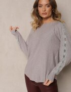 newstar Pulover Gri cu Viscoză cu Zirconii și Dantelă pe Mâneci Enarimia