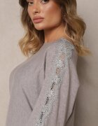 newstar Pulover Gri cu Viscoză cu Zirconii și Dantelă pe Mâneci Enarimia