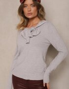 newstar Pulover Gri din Tricot Striaț cu Viscoză Decorat cu Zirconii și Legătură Tintorinae