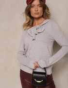 newstar Pulover Gri din Tricot Striaț cu Viscoză Decorat cu Zirconii și Legătură Tintorinae