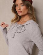 newstar Pulover Gri din Tricot Striaț cu Viscoză Decorat cu Zirconii și Legătură Tintorinae