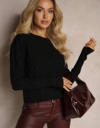 newstar Pulover Negru cu modal și viscoză decorat cu relief Liliti