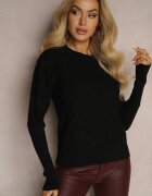 newstar Pulover Negru cu modal și viscoză decorat cu relief Liliti