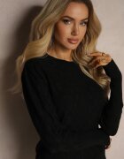 newstar Pulover Negru cu modal și viscoză decorat cu relief Liliti