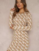 newstar Rochie Alb-bej Tricotată cu Model Geometric Chlaria