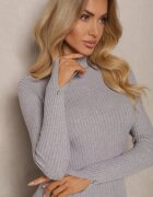newstar Rochie Gri Mulat din Viscoză și Modal din Tricot Reiat Decorată cu nasturi Zeanitha