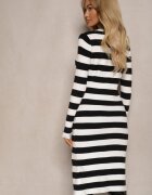 newstar Rochie Mulată Alb-Negru din Vâscoză și Modal Decorată cu Dungi Nalorin