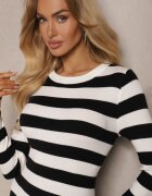 newstar Rochie Mulată Alb-Negru din Vâscoză și Modal Decorată cu Dungi Nalorin
