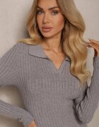 newstar Rochie tricotată gri din Vâscoză și Modal cu croială mulată cu guler Sealiea