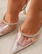 pallika paris Pantofi stiletto aurii Slingback cu partea superioară transparentă și zirconii Liaceran