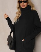 palma Pulover pe gât Casual Negru cu amestec de viscoză decorat cu buzunare mici Viasya
