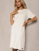 palma Rochie Albă Stil Tricou din Tricot de Viscoză cu Nasturi Decorativi Narossa