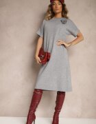 palma Rochie Gri din bumbac și viscoză decorată cu broșă floare 3D Zeiinia