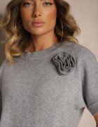 palma Rochie Gri din bumbac și viscoză decorată cu broșă floare 3D Zeiinia