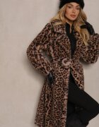  Palton Maro De blană Leopard Legat în talie cu curea Adelora