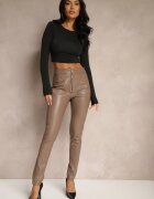  Pantaloni Bej High Waist din Piele Ecologică cu Fermoar Decorativ și Căptușite Ilanilith