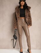  Pantaloni Bej High Waist din Piele Ecologică cu Fermoar Decorativ și Căptușite Ilanilith