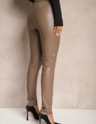  Pantaloni Bej High Waist din Piele Ecologică cu Fermoar Decorativ și Căptușite Ilanilith