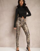  Pantaloni Bej-Negru leopard cu talie înaltă din piele ecologică cu fermoar decorativ și căptușeală Ilanilith