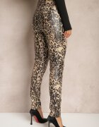  Pantaloni Bej-Negru leopard cu talie înaltă din piele ecologică cu fermoar decorativ și căptușeală Ilanilith